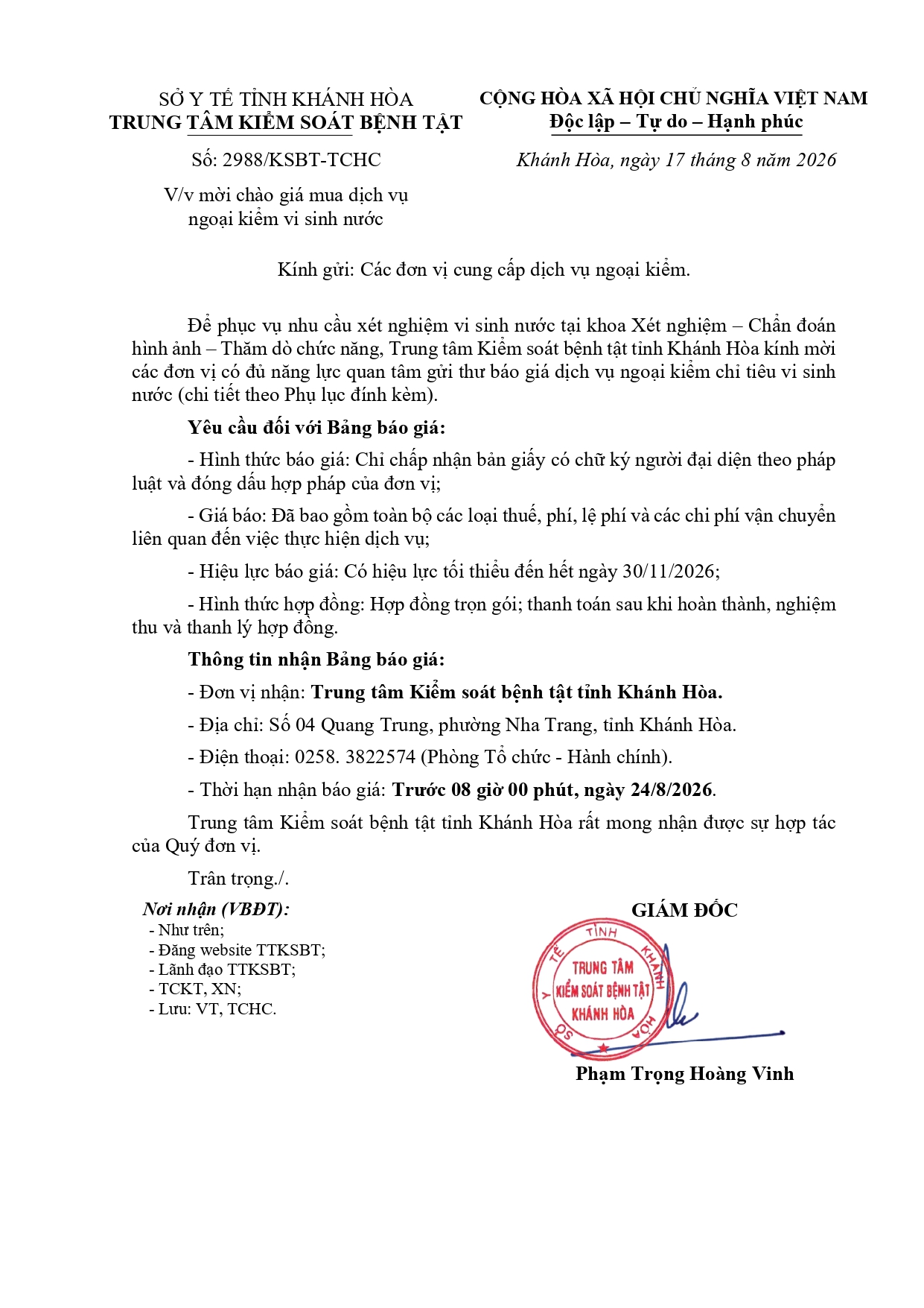 V/v mời chào giá mua dịch vụ ngoại kiểm vi sinh nước